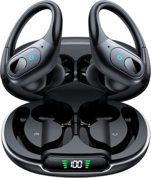 occiam Active Noise Cancelling Ear Buds Bluetooth Headphones Wireless Earbuds 90Hrs Playback Stereo Bass Earphones with Over-Ear Hooks IPX7 Waterproof Earbud for Sports Running Gym Workout Black